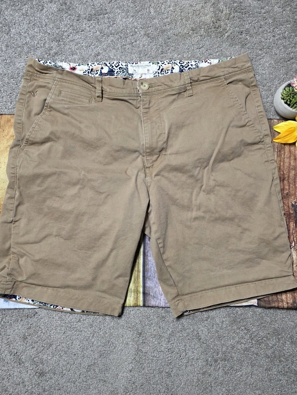 Denim & Flower Ricky Singh Tan Shorts with Toucan Print on Inside Size 36